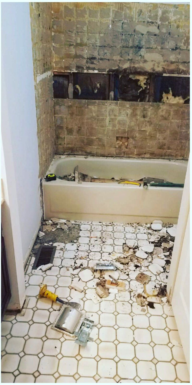 Bathroom before: gutted walls and demolished floor