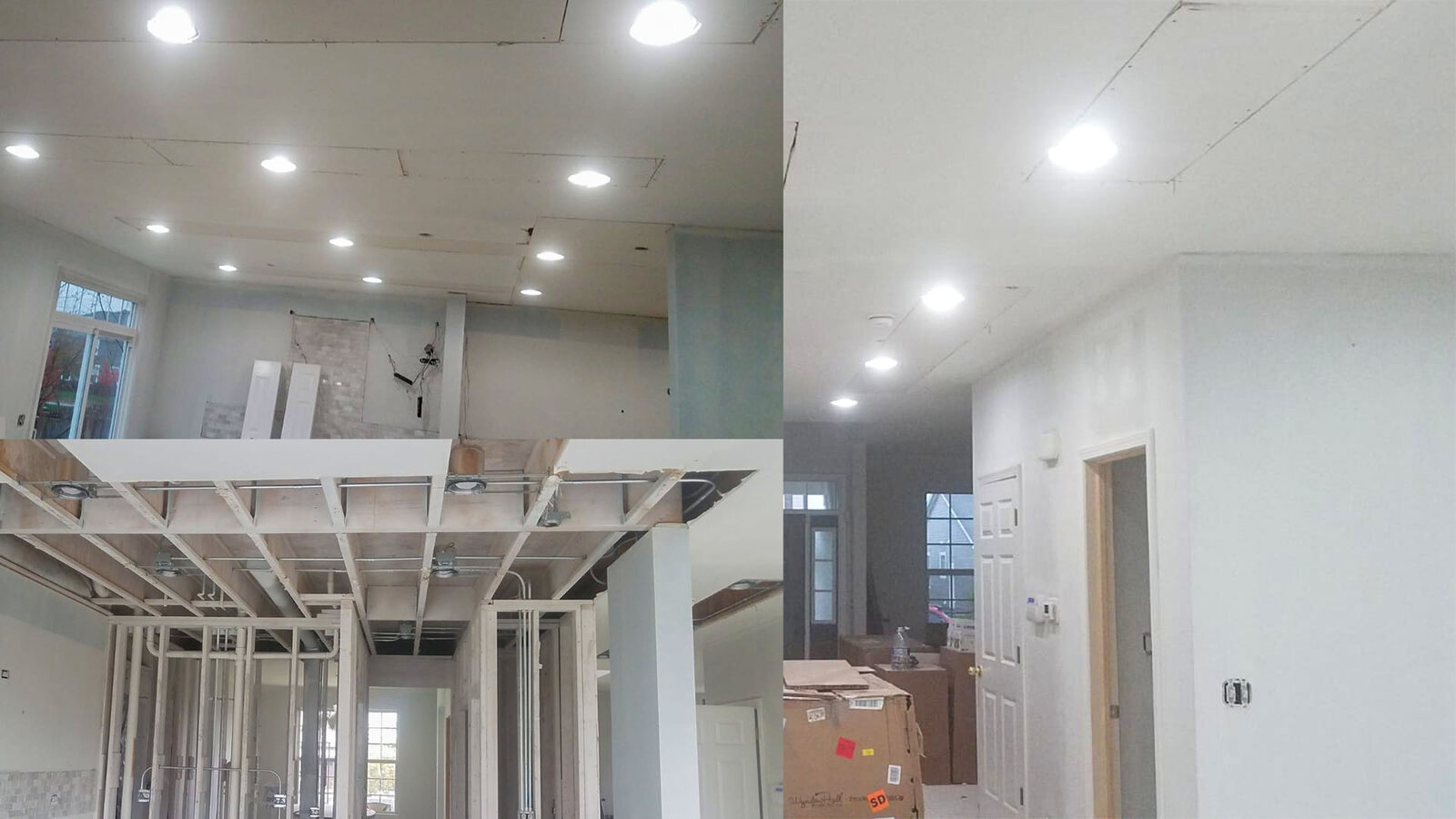 Framing and drywall work in progress and finished ceiling