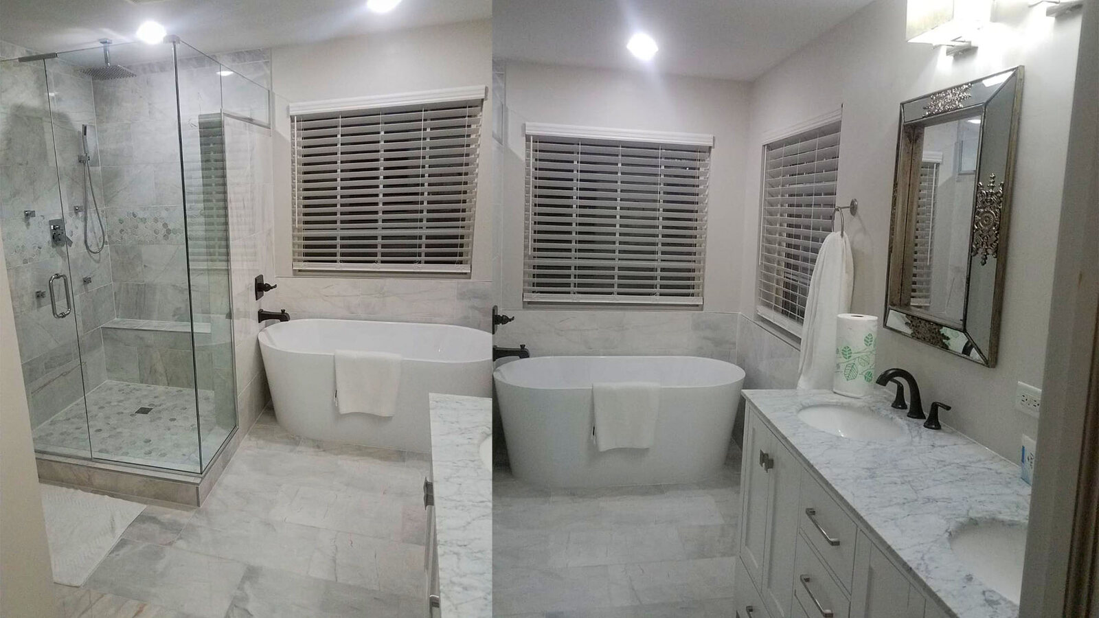 Master bathroom with glass shower and freestanding tub